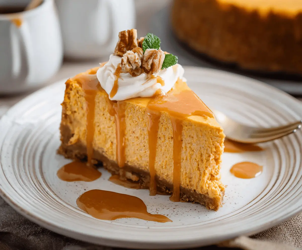 Creamy sweet potato cheesecake topped with whipped cream and caramel drizzle, served on a decorative plate