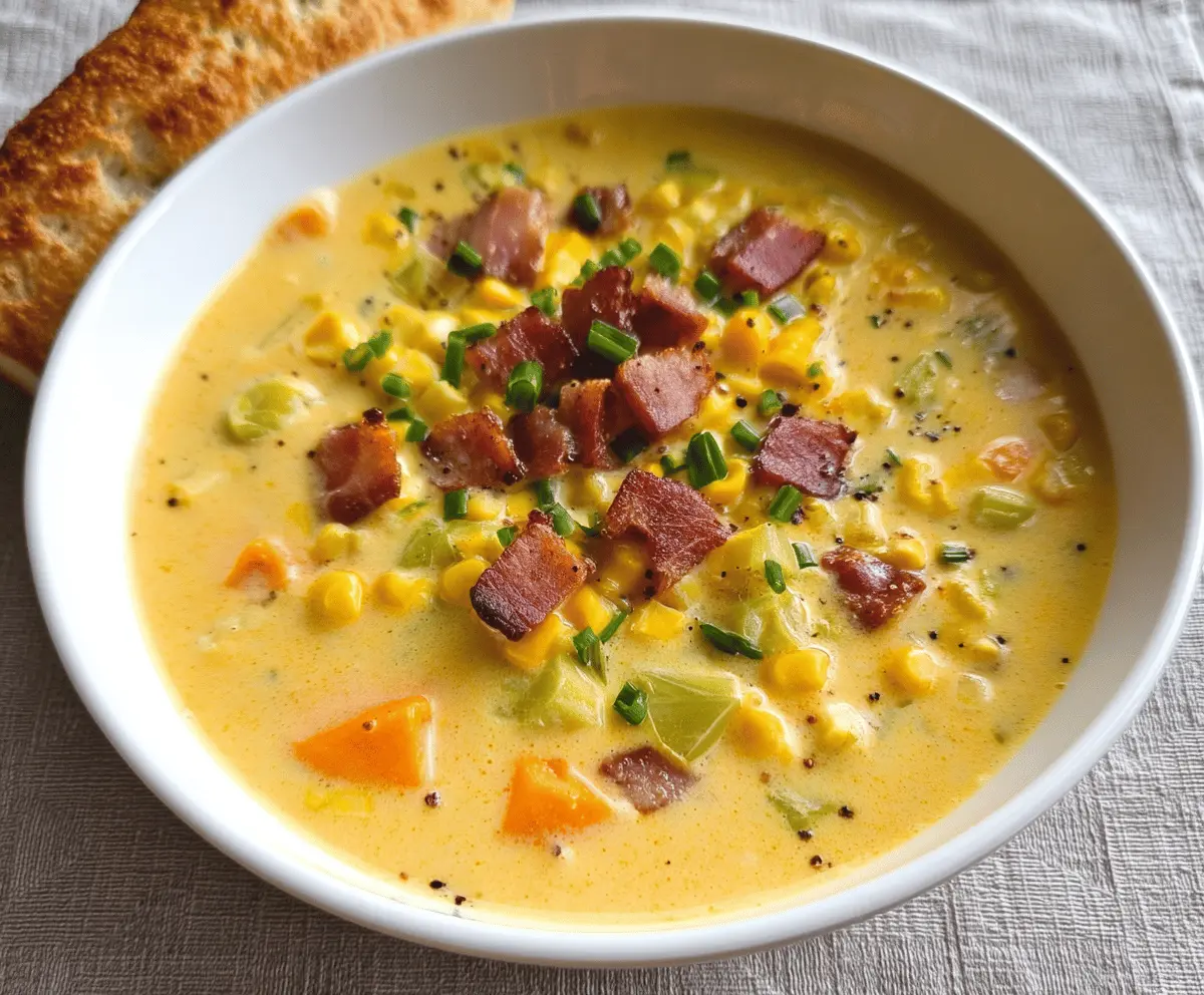 Creamy sweet potato and corn chowder in a bowl, garnished with herbs.