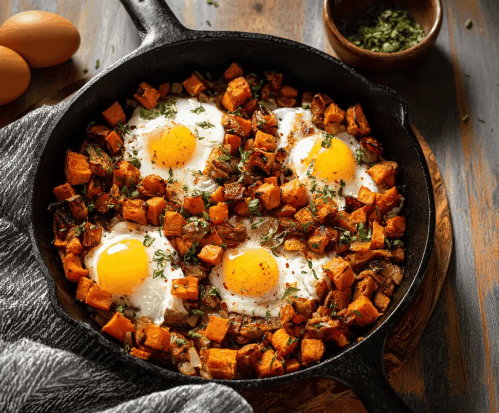 Savory sweet potato hash topped with sunny-side-up eggs, garnished with herbs and served on a plate for a delicious breakfast or brunch meal.