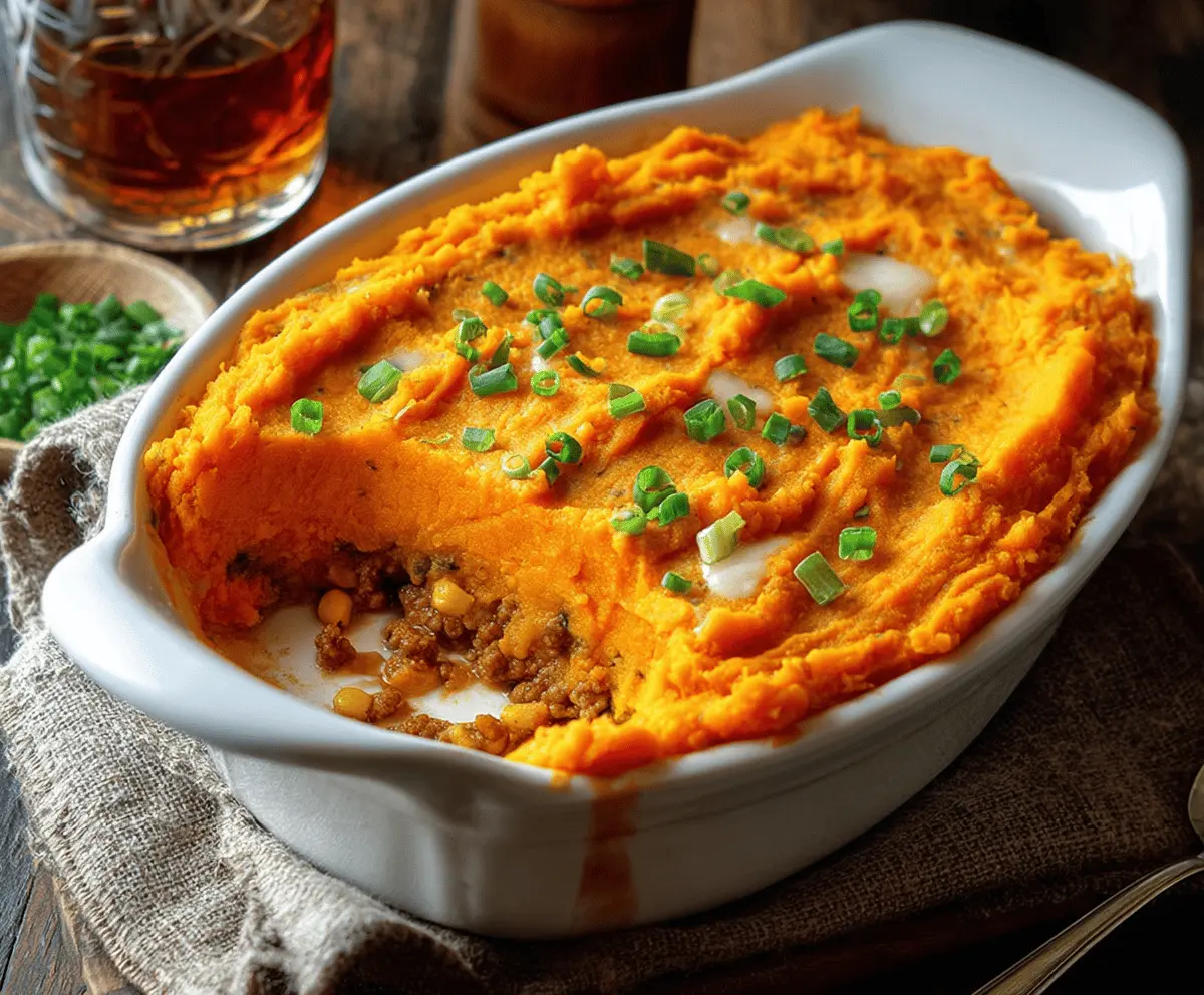 Delicious Sweet Potato Shepherd’s Pie topped with mashed sweet potatoes and savory filling, served in a rustic baking dish
