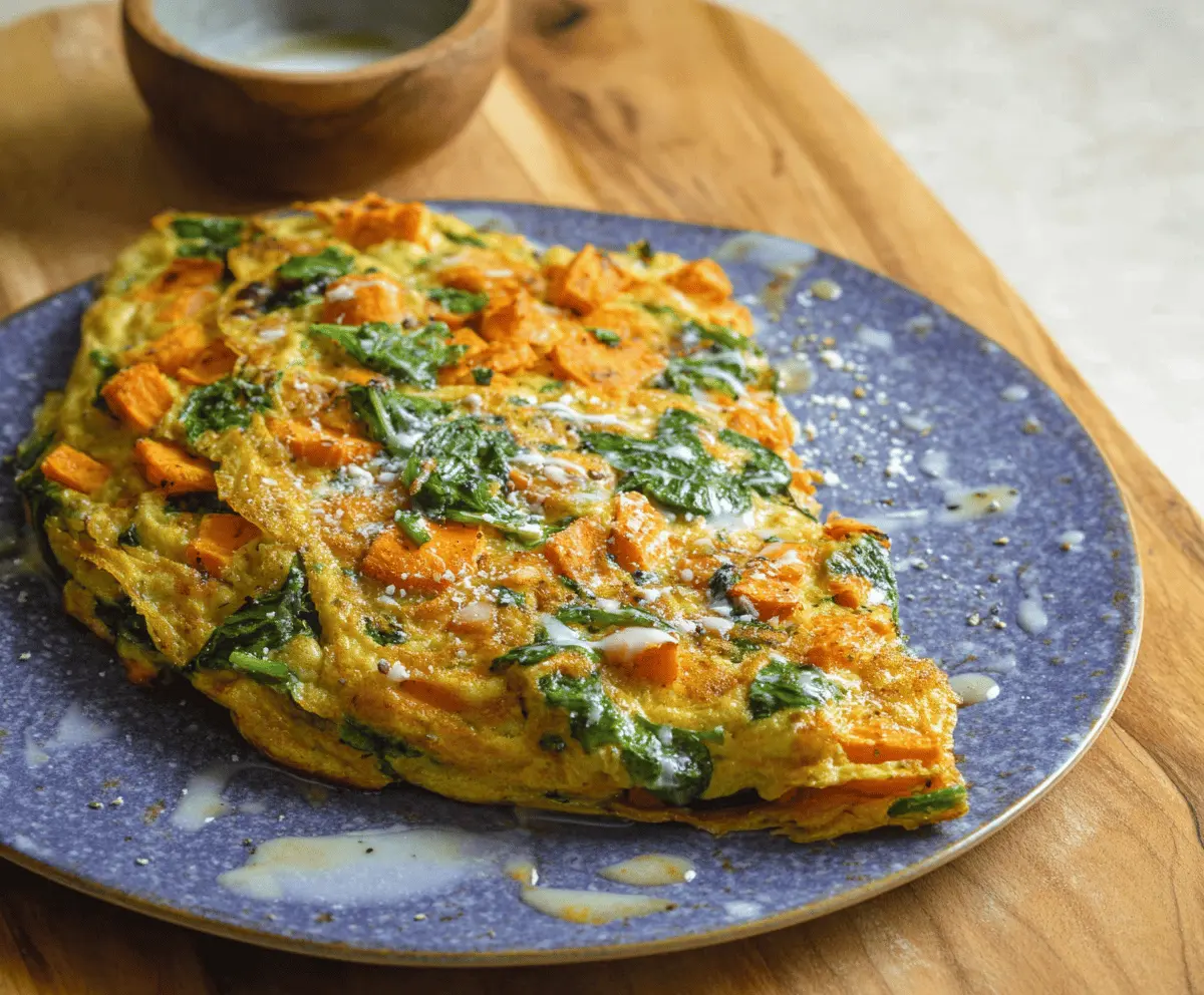 Delicious sweet potato and spinach omelette garnished with herbs on a plate, perfect for a healthy breakfast or brunch.