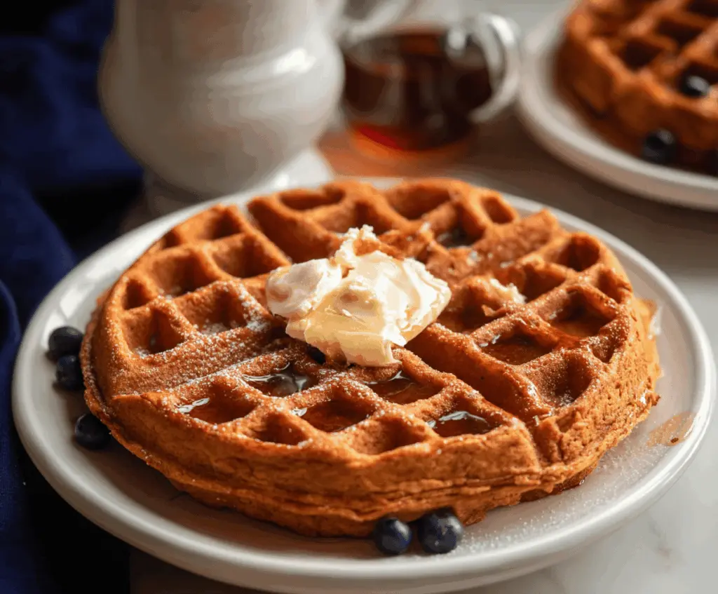 Golden-brown sweet potato waffles topped with fresh berries and maple syrup, served on a white plate for a delicious breakfast or brunch.