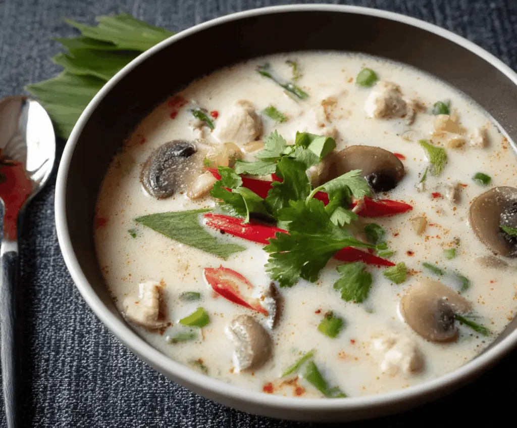 Creamy Tom Kha Gai Thai coconut chicken soup with fresh herbs, mushrooms, and lime wedges in a bowl
