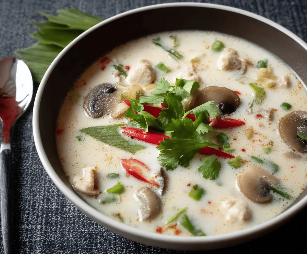 Creamy Tom Kha Gai Thai coconut chicken soup with fresh herbs, mushrooms, and lime wedges in a bowl