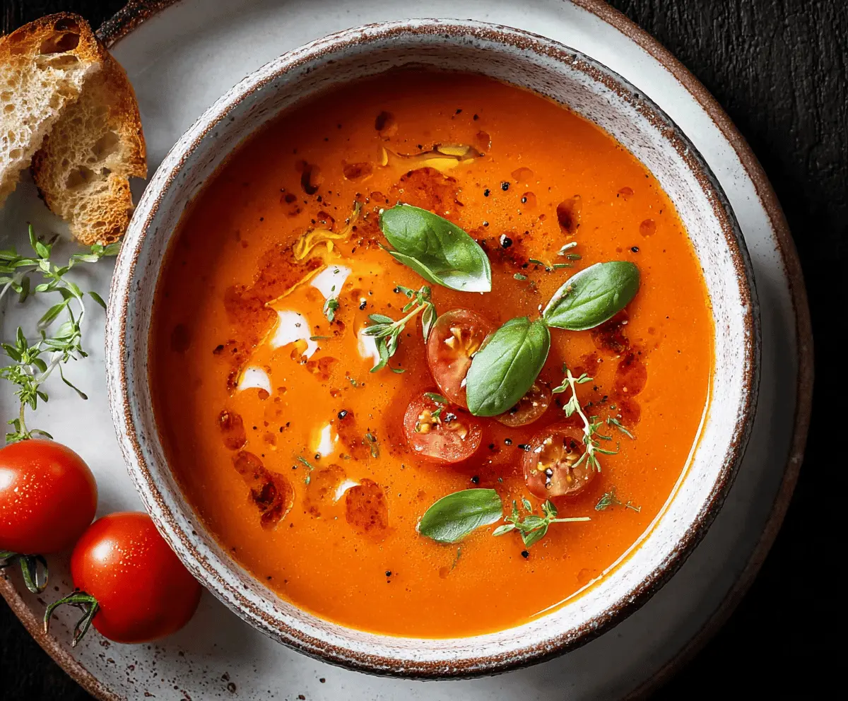 Creamy tomato soup served in a bowl with fresh basil and a bread slice on the side, perfect for a comforting meal.