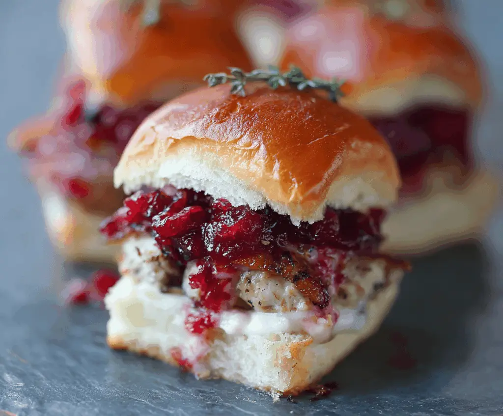 Delicious turkey cranberry sliders with fresh lettuce and melted cheese on toasted buns, perfect for holiday parties and gatherings