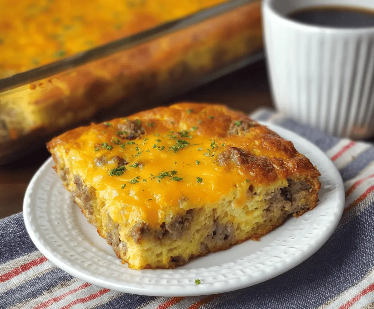 Delicious 4 Ingredient Sausage Breakfast Casserole fresh out of the oven with golden browning