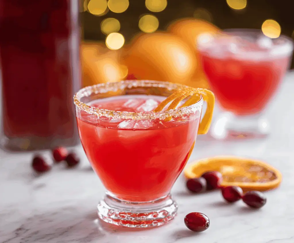 Elegant Amaretto Cranberry Kiss Cocktail with tart cranberries and a sugared rim.