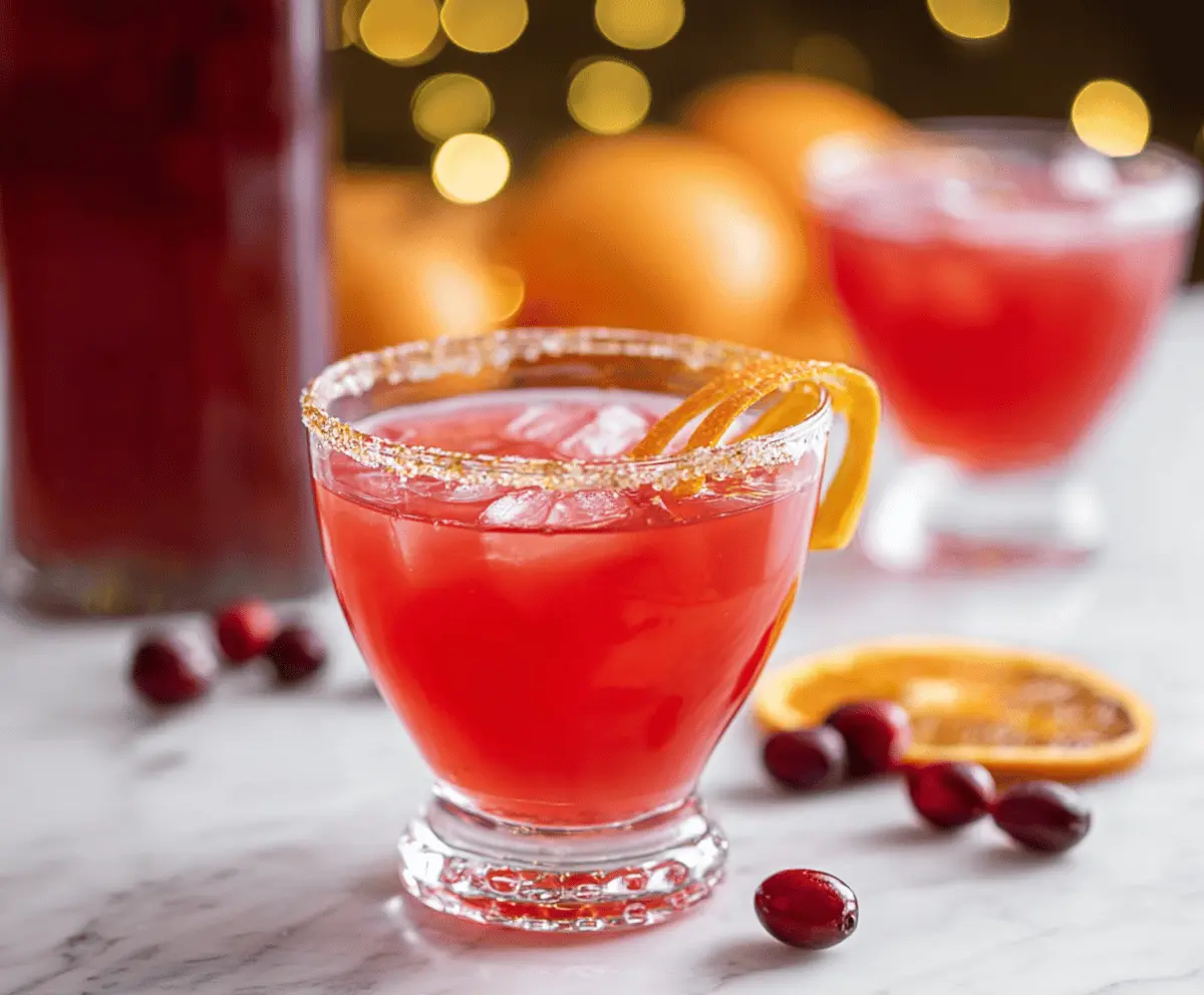 Elegant Amaretto Cranberry Kiss Cocktail with tart cranberries and a sugared rim.
