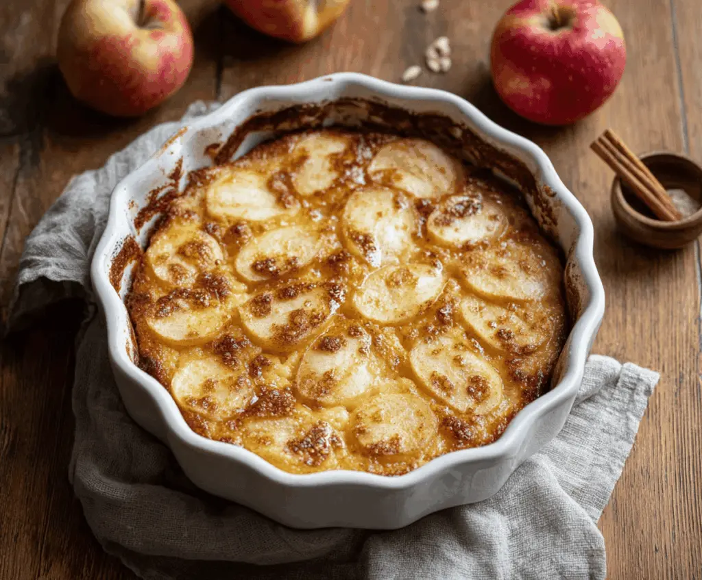 Delicious Apple Cinnamon Cottage Cheese Bake served in a baking dish, topped with cinnamon and apple slices.
