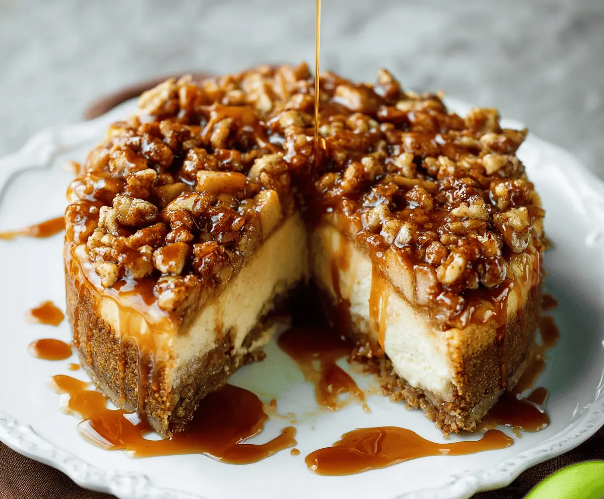 Delicious apple pie cheesecake with golden crust and creamy filling topped with fresh apple slices