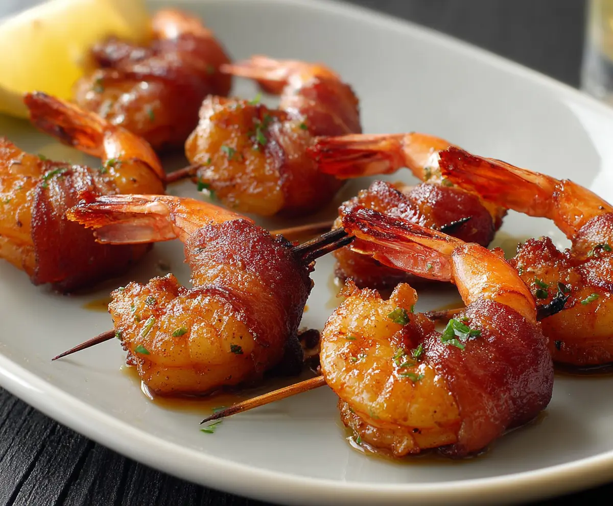 Delicious bacon-wrapped shrimp appetizer with crispy bacon and tender shrimp on a white plate.