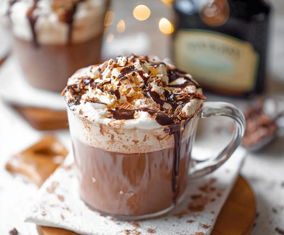 Creamy Baileys hot chocolate topped with whipped cream and chocolate shavings in a cozy mug.