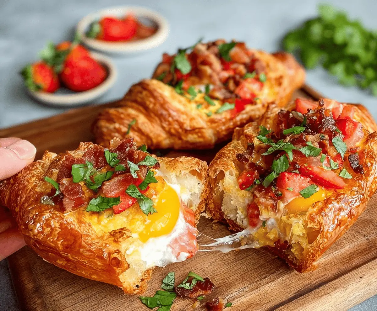 Delicious baked croissant breakfast boats filled with eggs, cheese, and ham ready to serve.