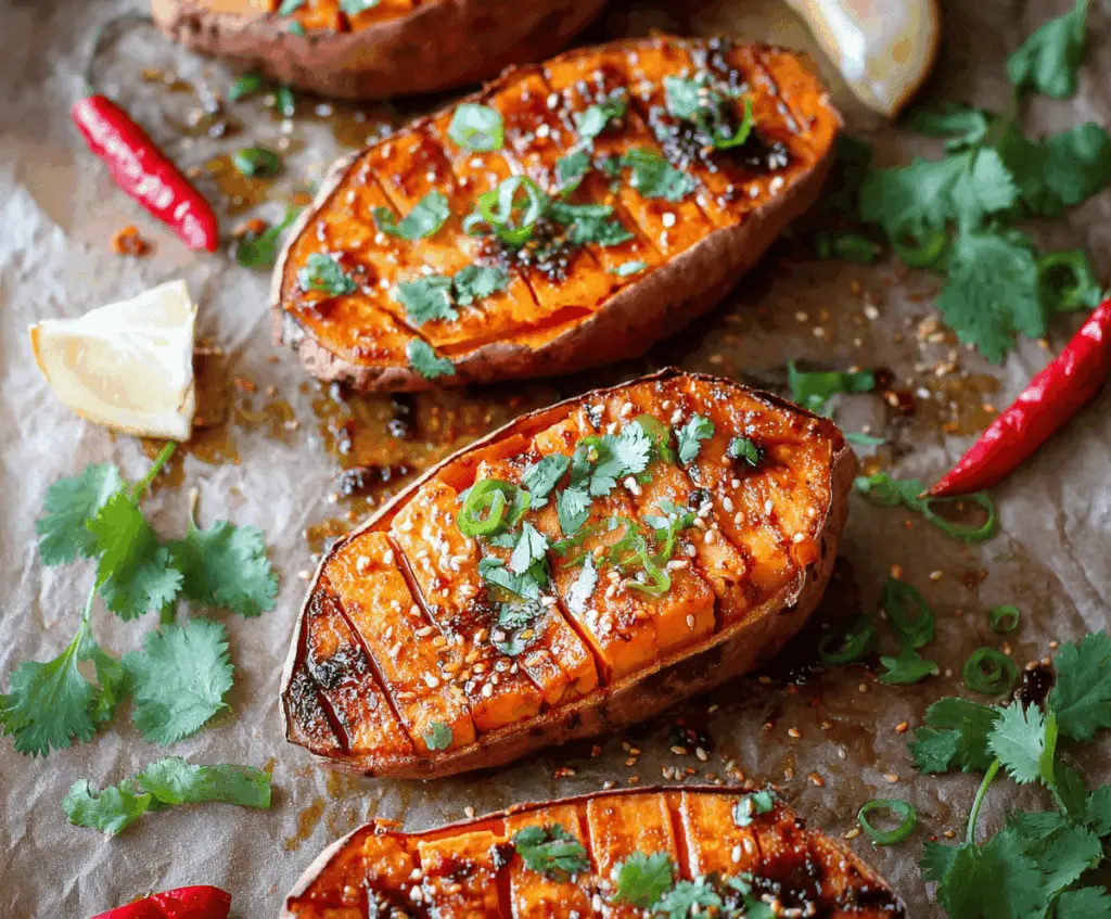 Delicious baked honey chili sweet potato served on a plate, showcasing a crispy exterior and colorful toppings.