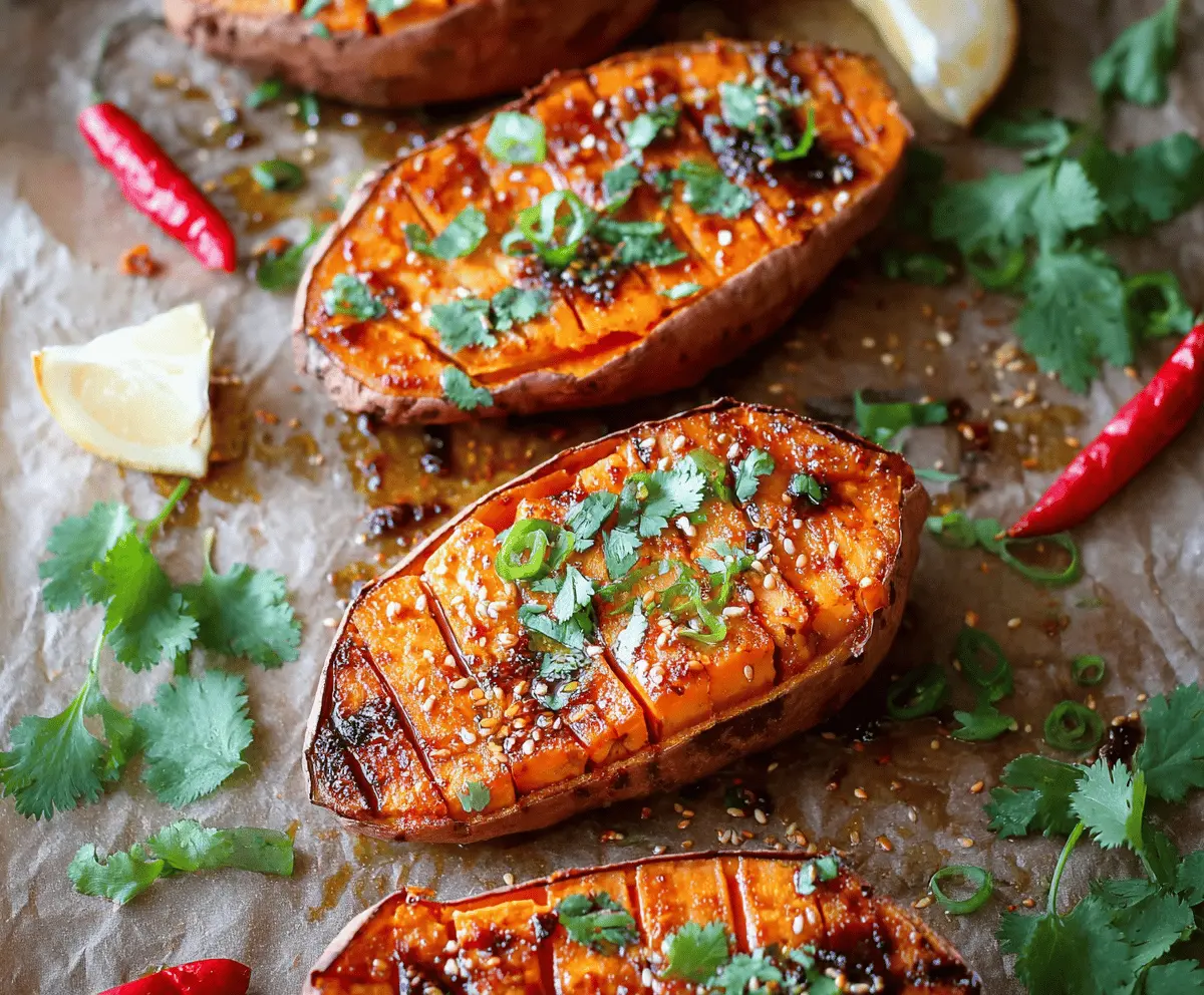 Delicious baked honey chili sweet potato served on a plate, showcasing a crispy exterior and colorful toppings.
