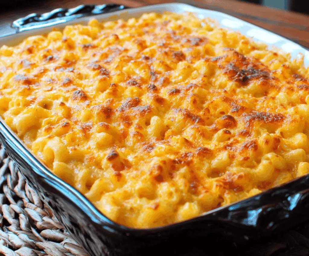 Creamy baked mac and cheese dish with golden crispy topping, served hot.