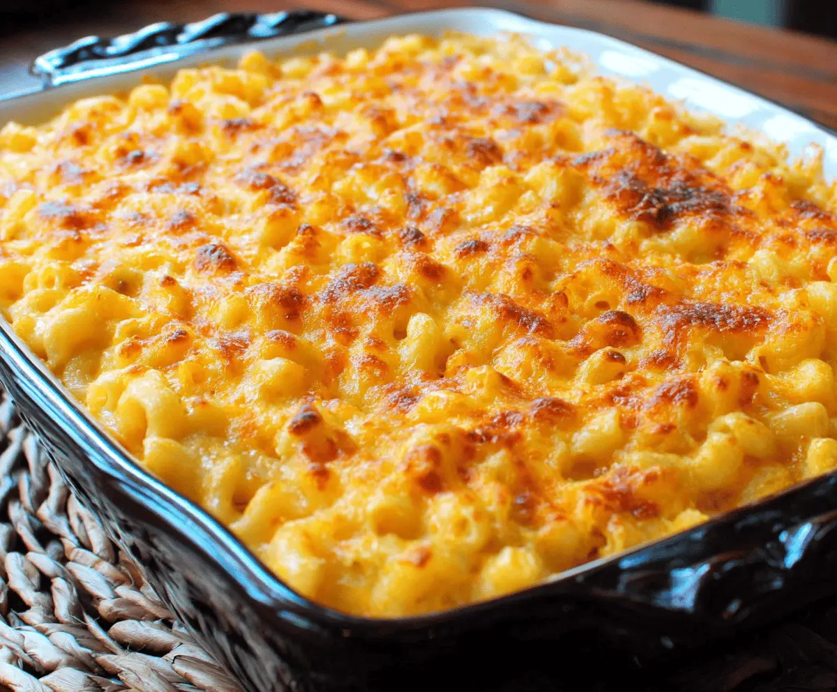 Creamy baked mac and cheese dish with golden crispy topping, served hot.