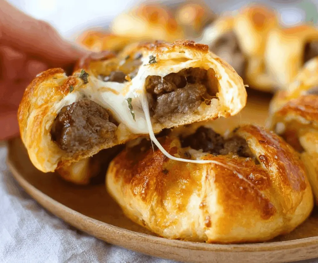Delicious beef and cheese crescent ring bites served fresh on a plate.