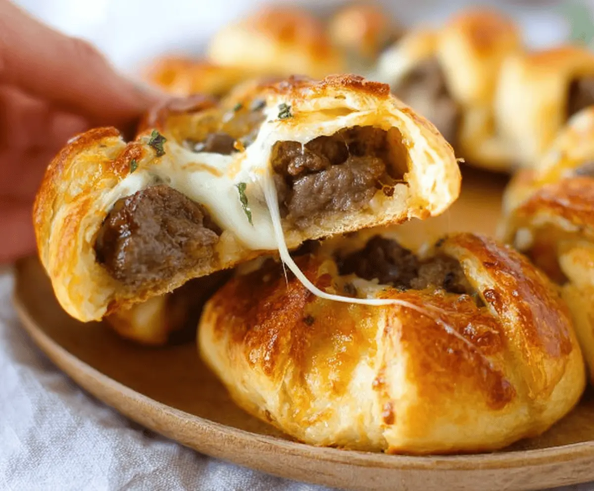 Delicious beef and cheese crescent ring bites served fresh on a plate.
