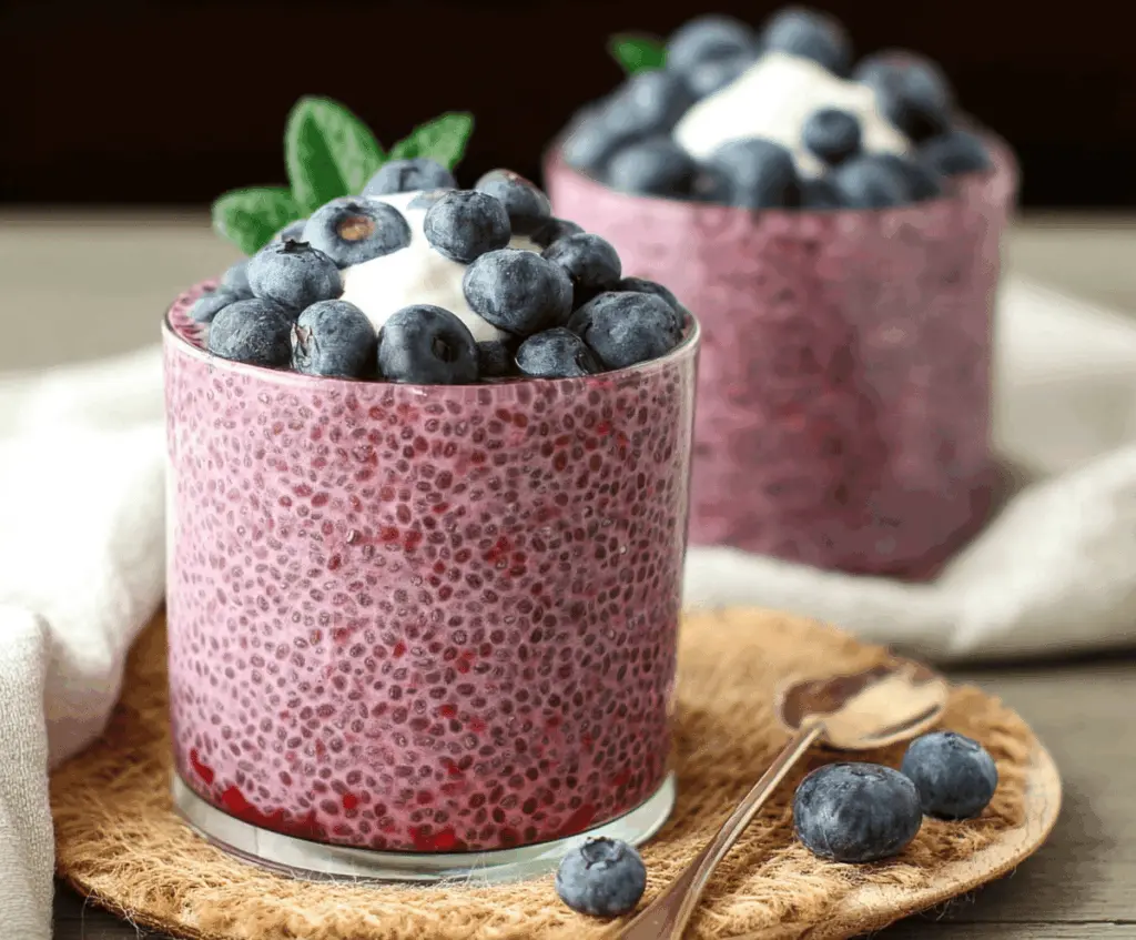 Delicious Berry Chia Seed Pudding in a glass bowl with fresh mixed berries on top.