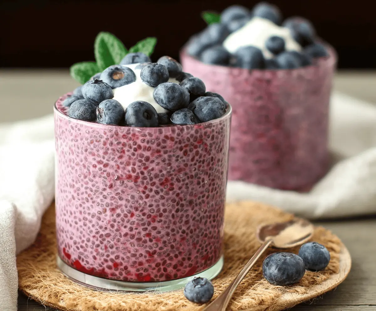 Delicious Berry Chia Seed Pudding in a glass bowl with fresh mixed berries on top.