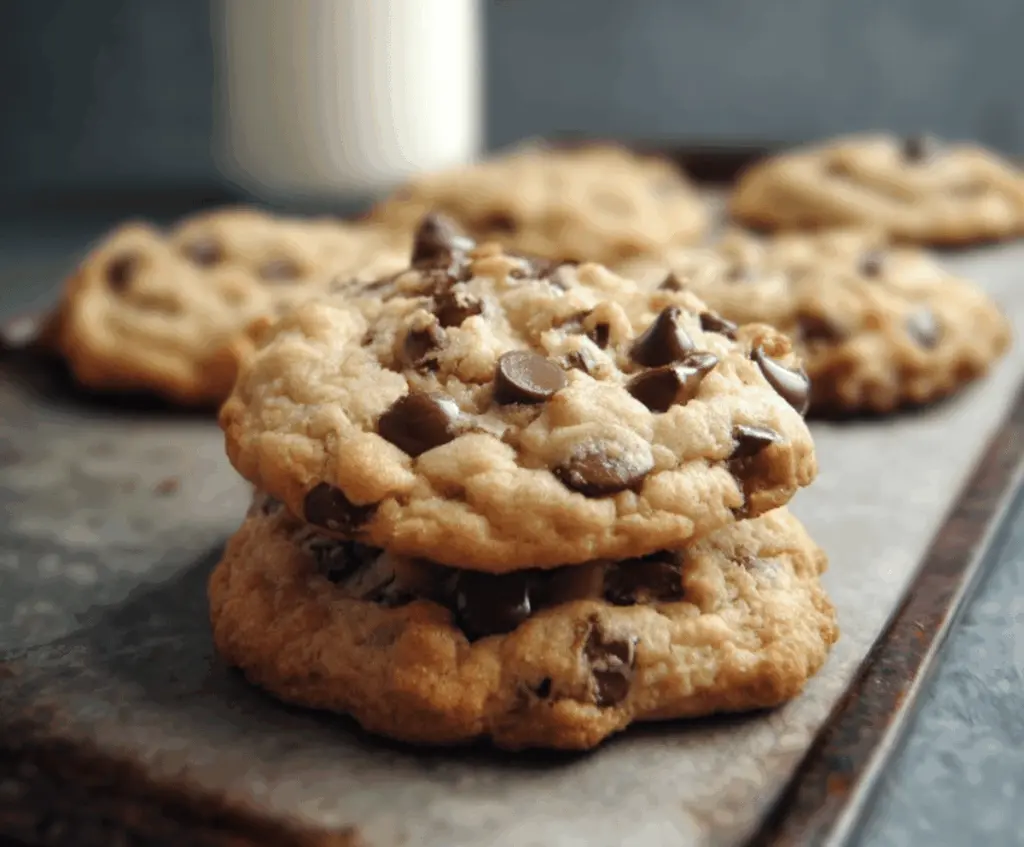 Delicious homemade Bill's chocolate chip cookies fresh out of the oven with melted chocolate chips