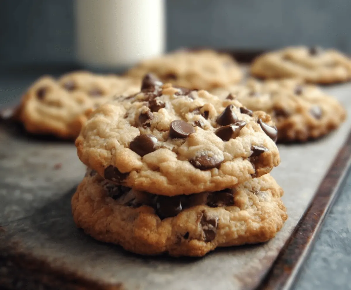 Delicious homemade Bill's chocolate chip cookies fresh out of the oven with melted chocolate chips