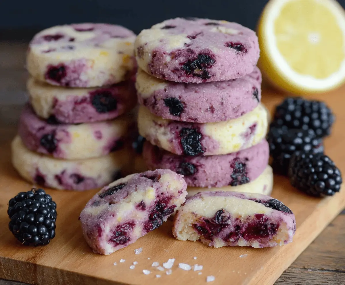Delicious black raspberry and lemon shortbread cookies on a plate, showcasing vibrant purple and yellow colors.