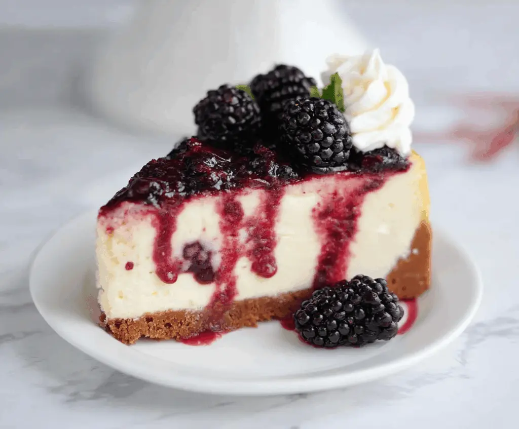 Delicious blackberry raspberry cheesecake with creamy layers and fresh berries on top.