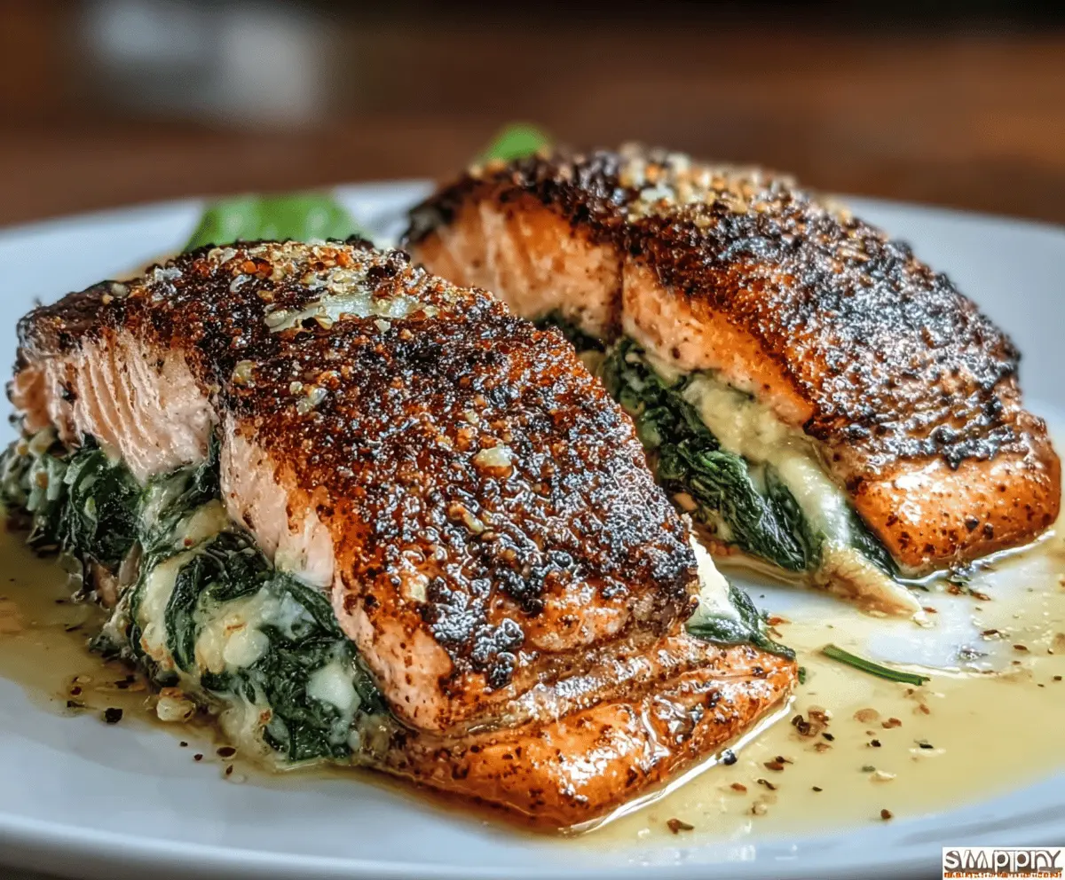 Delicious blackened salmon fillet stuffed with fresh spinach and parmesan cheese, served on a white plate.