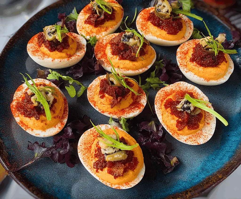 Bloody Mary Deviled Eggs garnished with celery and paprika on a white plate