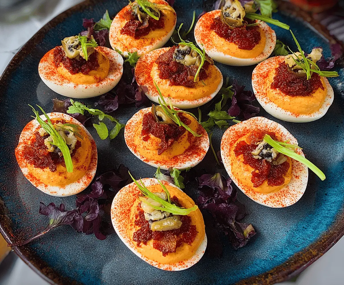 Bloody Mary Deviled Eggs garnished with celery and paprika on a white plate