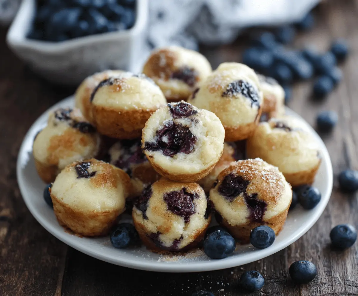 Delicious blueberry pancake bites topped with fresh blueberries and syrup.
