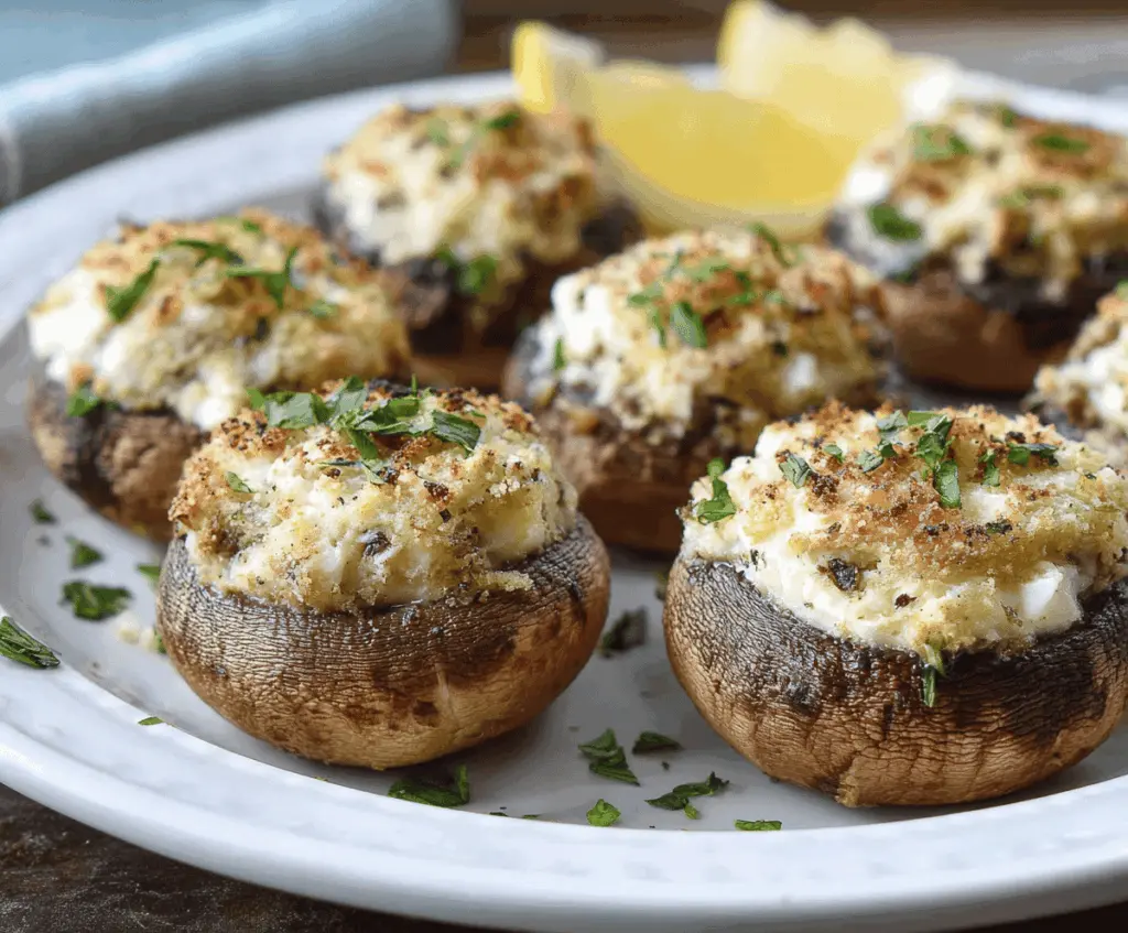 Delicious Boursin stuffed mushrooms garnished with fresh herbs, perfect as an appetizer.