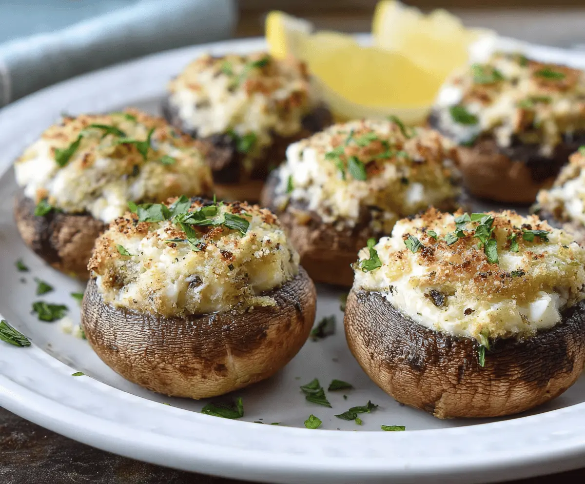 Delicious Boursin stuffed mushrooms garnished with fresh herbs, perfect as an appetizer.