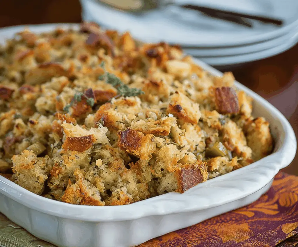 Delicious homemade bread stuffing with herbs and vegetables for holiday dinner.