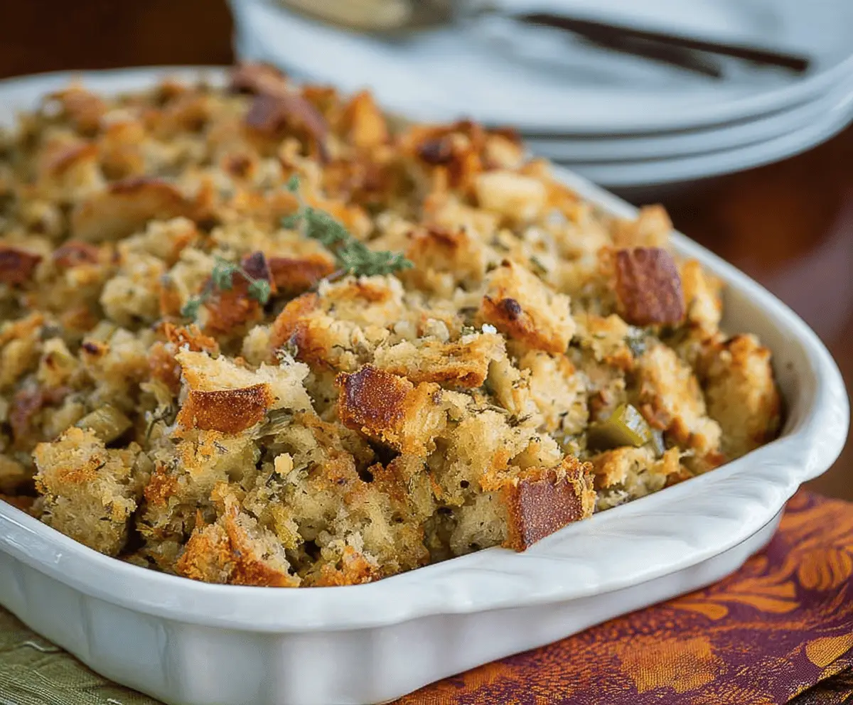 Delicious homemade bread stuffing with herbs and vegetables for holiday dinner.