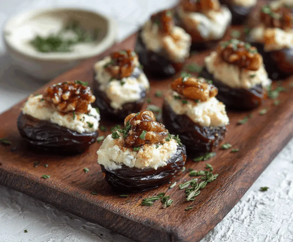 Delicious Brie stuffed dates wrapped in crispy bacon, perfect for appetizer parties.