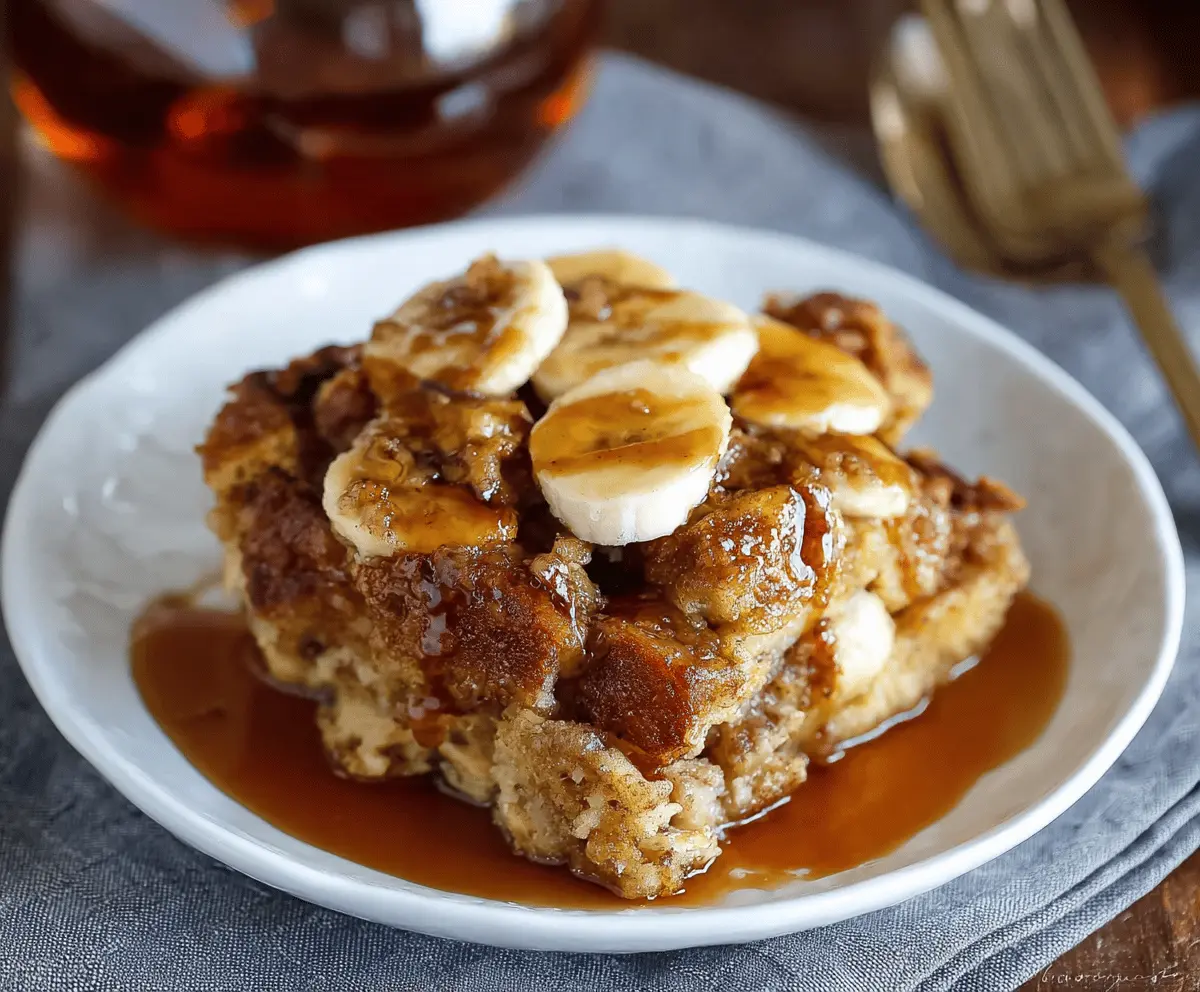 Delicious Brown Sugar Banana French Toast Casserole topped with fresh bananas and a caramelized brown sugar glaze.