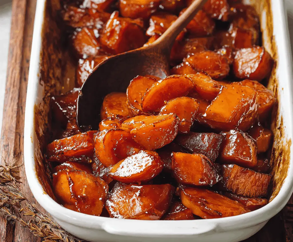 Delicious brown sugar candied yams garnished with cinnamon for a festive dessert.