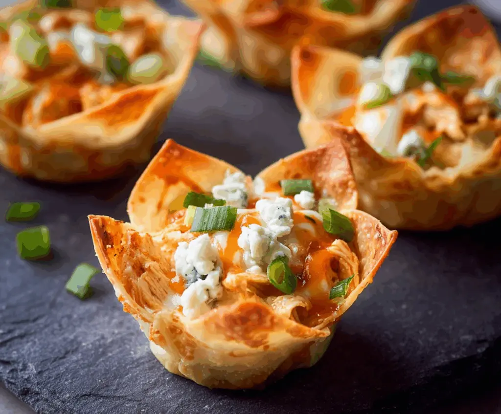 Delicious Buffalo Chicken Wonton Cups topped with melted cheese and green onions
