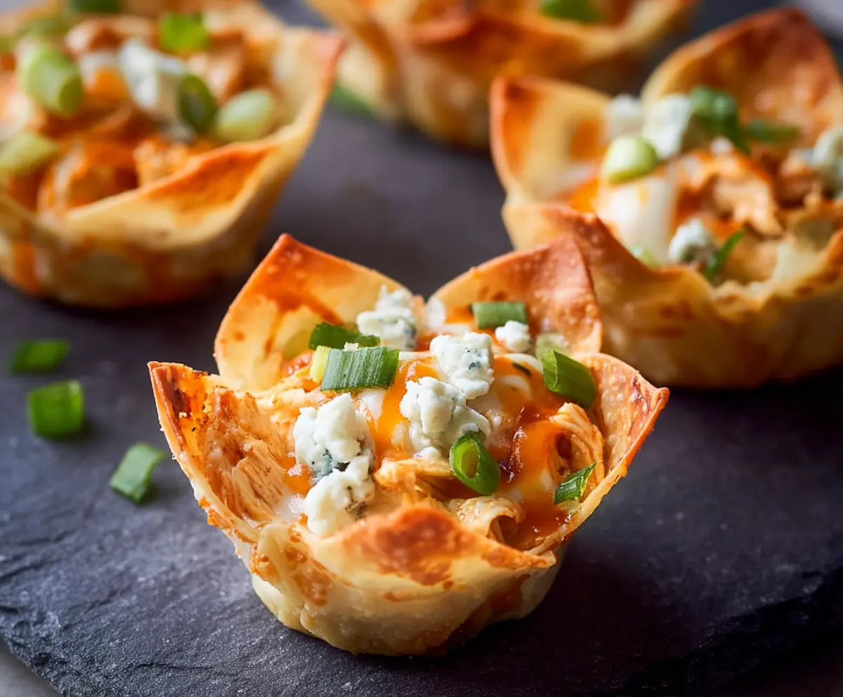 Delicious Buffalo Chicken Wonton Cups topped with melted cheese and green onions