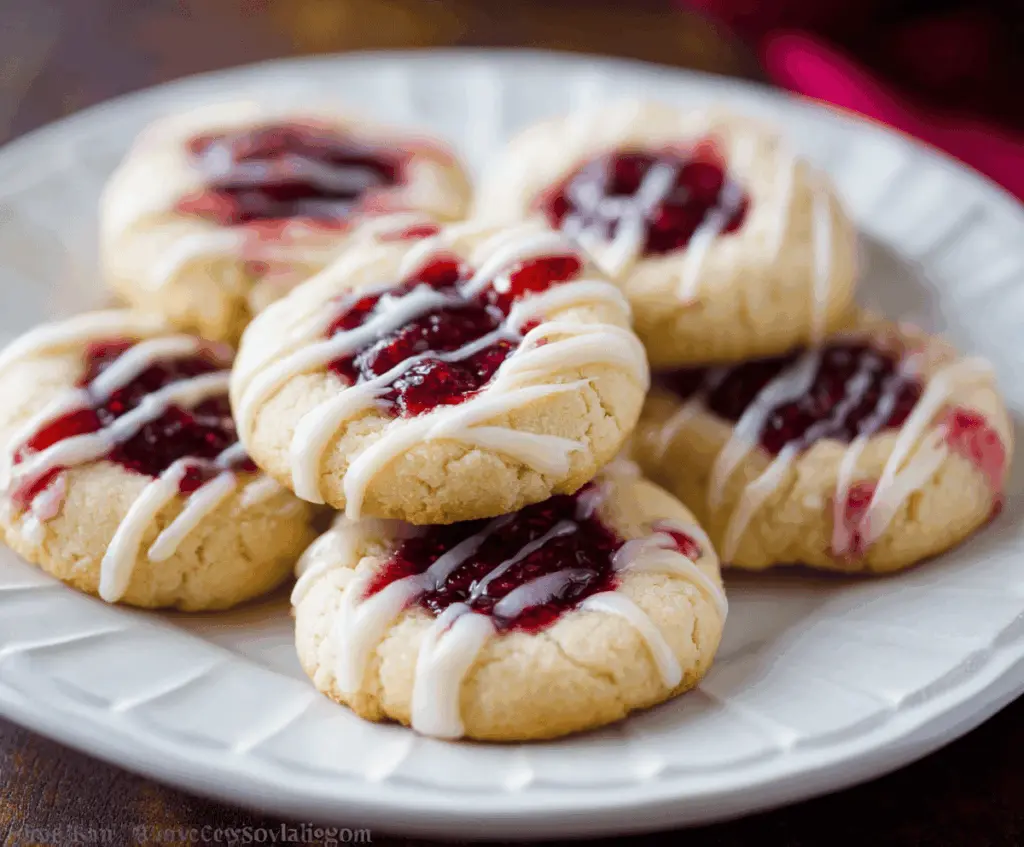 Delicious buttery raspberry jam thumbprint cookies topped with almond glaze, perfect for dessert or tea time.