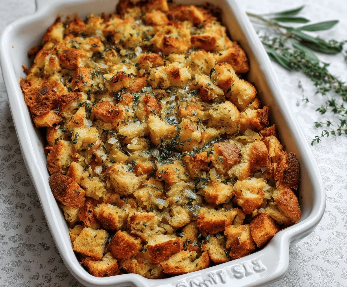 Delicious buttery Thanksgiving stuffing with herbs and seasonings in a festive setting