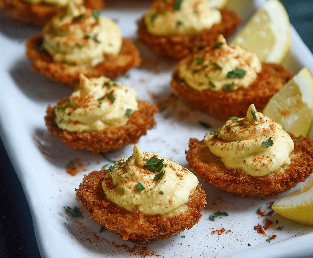 Delicious Cajun style fried deviled eggs with spicy seasoning and crispy exterior.