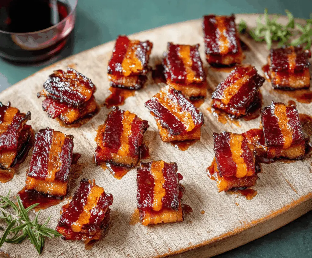 Delicious candied bacon bites garnished with sugary glaze perfect for appetizers.