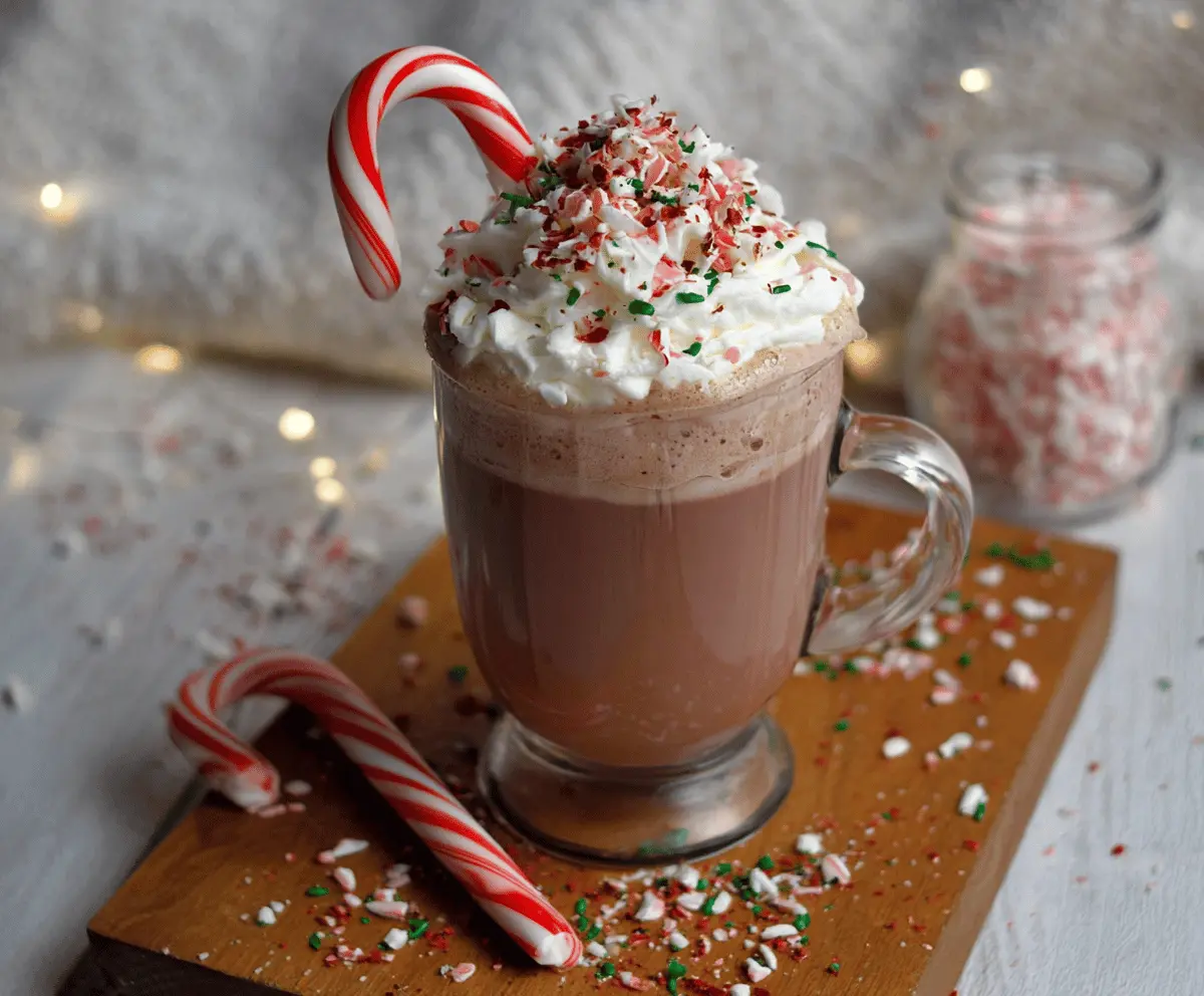 Warm Candy Cane Hot Chocolate topped with whipped cream and peppermint candies, perfect for winter holidays.