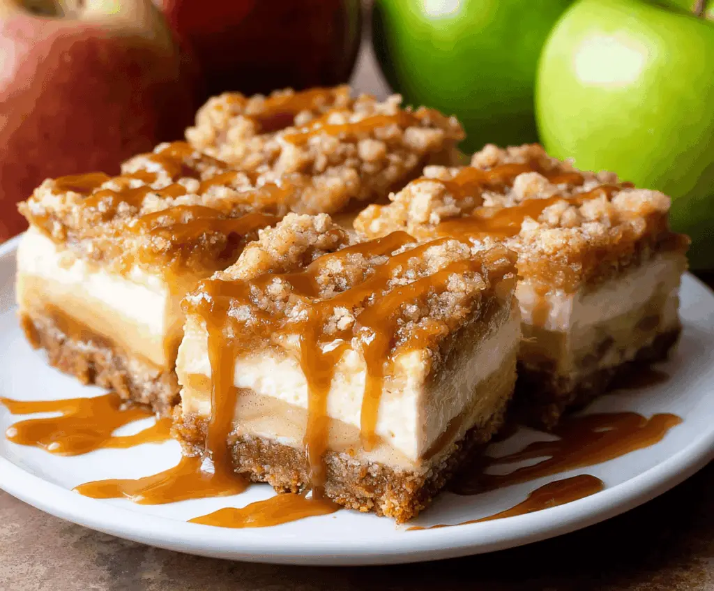 Delicious caramel apple cheesecake bars with a golden crust and creamy filling, garnished with caramel drizzle.
