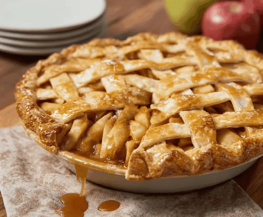 Delicious caramel apple pie with a golden crust and caramel drizzle on top, served on a rustic wooden table.